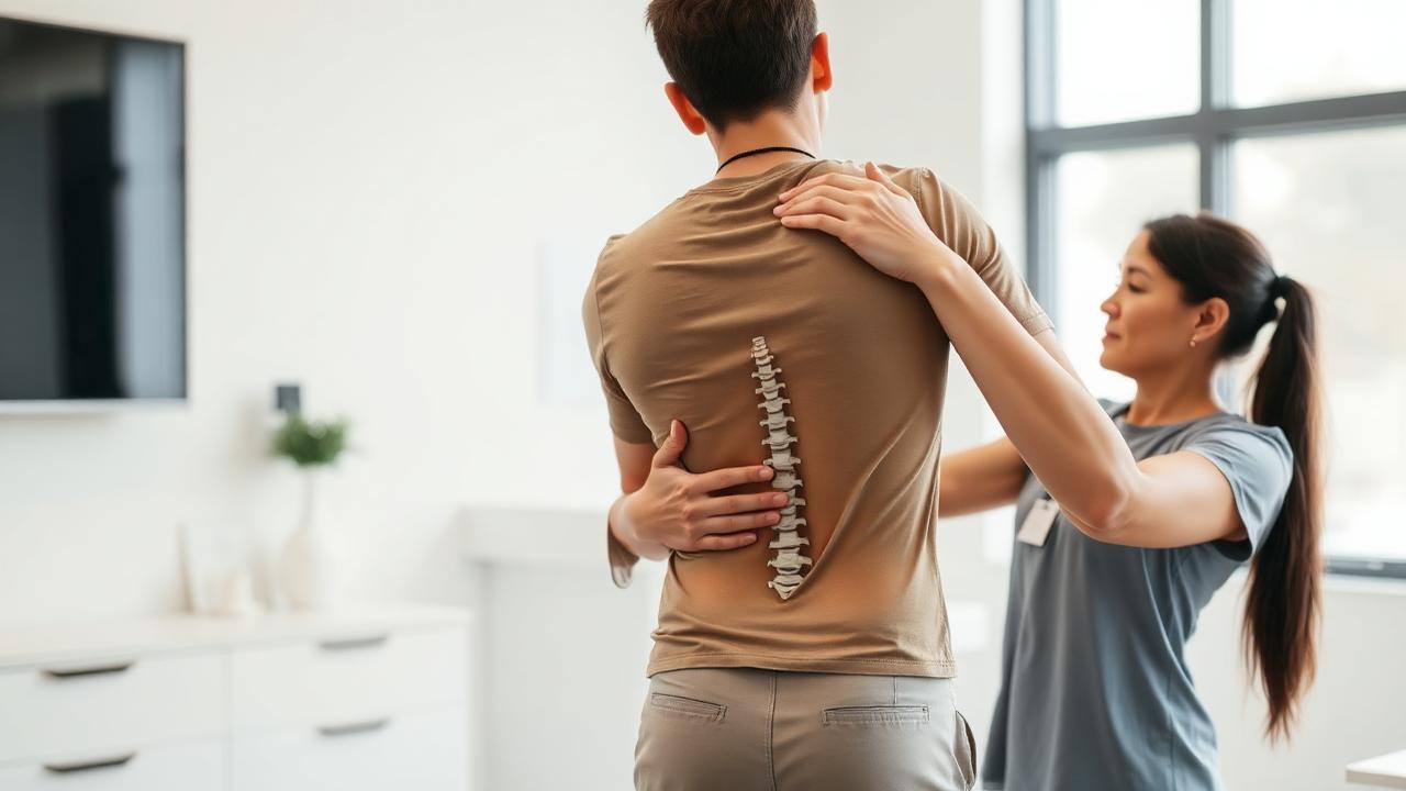 Fisioterapeuta avaliando a coluna lombar de um paciente em consultório